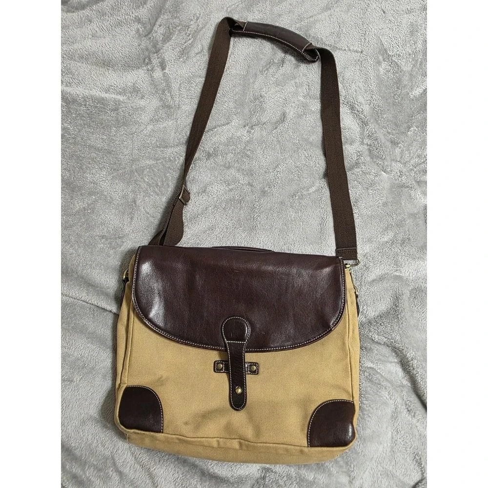 Bellino Messenger Bag Mens Large Brown Canvas Faux Leather Crossbody Shoulder